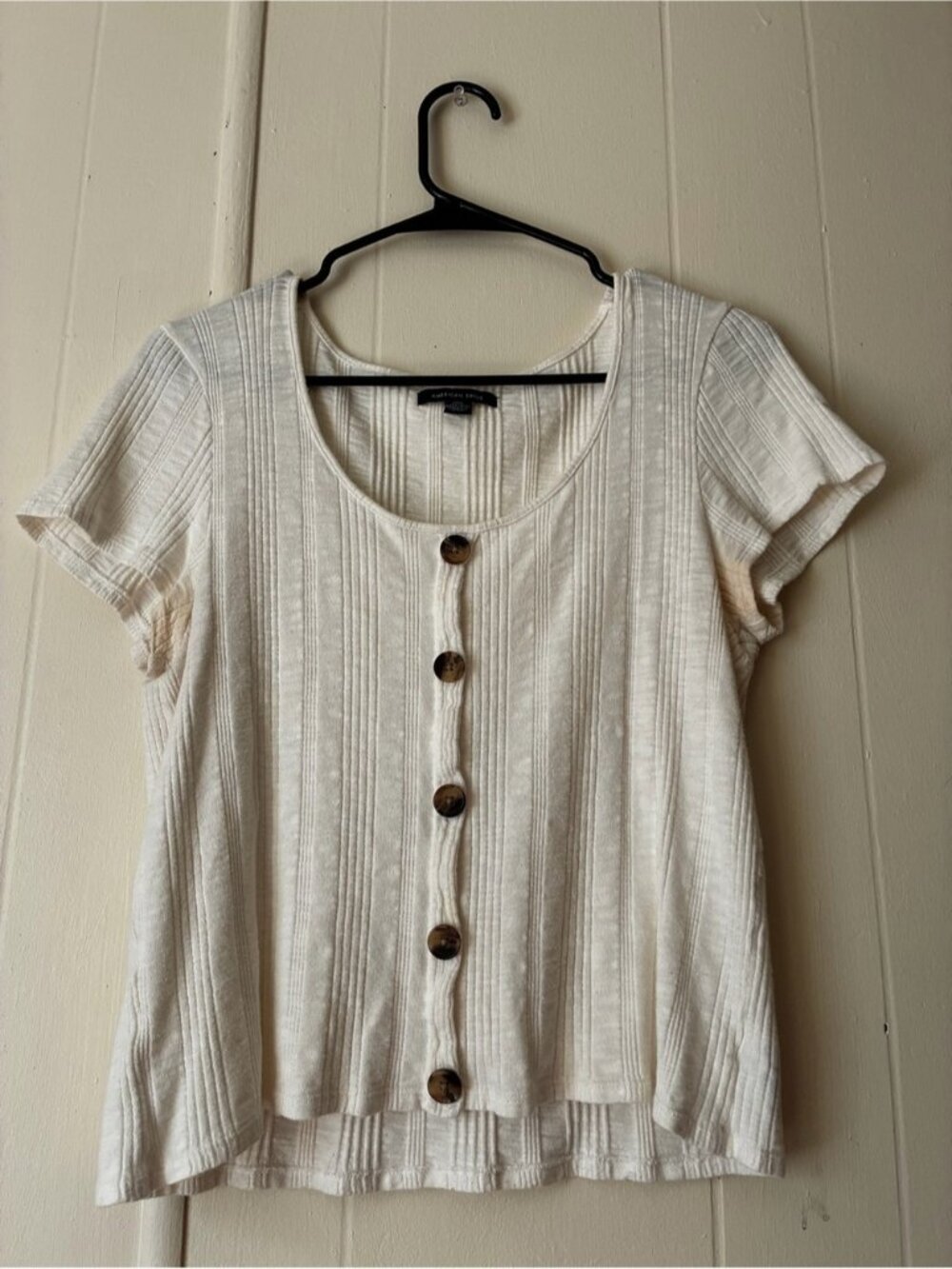 Cream Ribbed Button-Front Short Sleeve Top